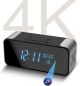 Modern black digital desk clock featuring a built-in Bluetooth speaker and integrated 4K security camera