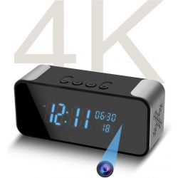Modern black digital desk clock featuring a built-in Bluetooth speaker and integrated 4K security camera