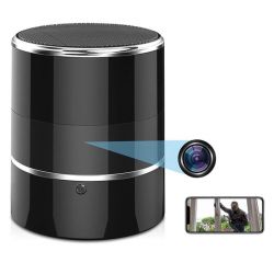 WiFi & Bluetooth Stereo Speaker with 330° Rotating 1080P HD Hidden Camera showing a phone