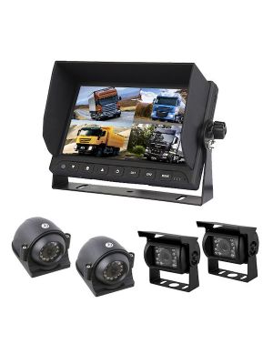 A picture of a 4 camera vehicle reversing kit showing a quad display