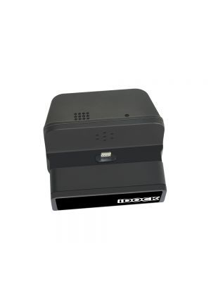 Close up view of the functional iPhone charging connector interface on a black desktop media docking station