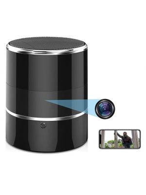 WiFi & Bluetooth Stereo Speaker with 330° Rotating 1080P HD Hidden Camera showing a phone