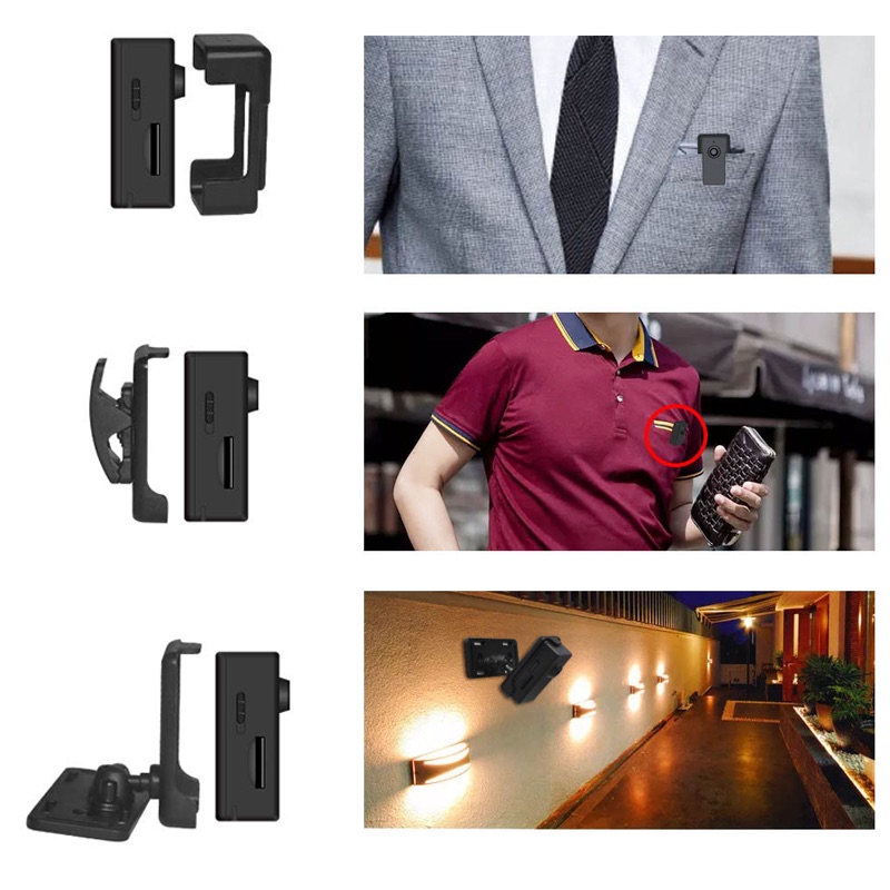 A person wearing the mini DVR camera in a shirt or jacket pocket & wall mounting.