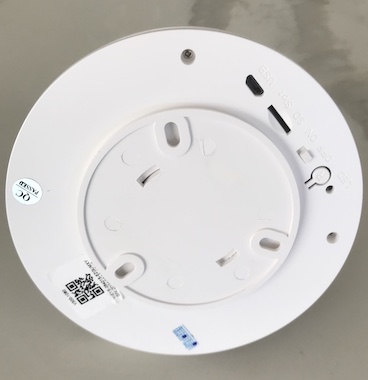 wifi smoke alarm hidden camera showing the underside of the camera, sdc card slot, on/off switch & QR code.