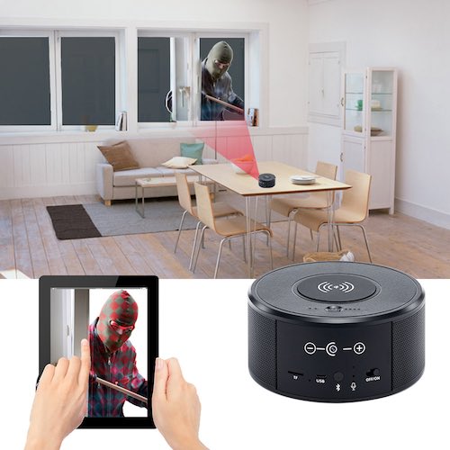 Wireless phone charger & music speaker wifi spy camera showing an intruder