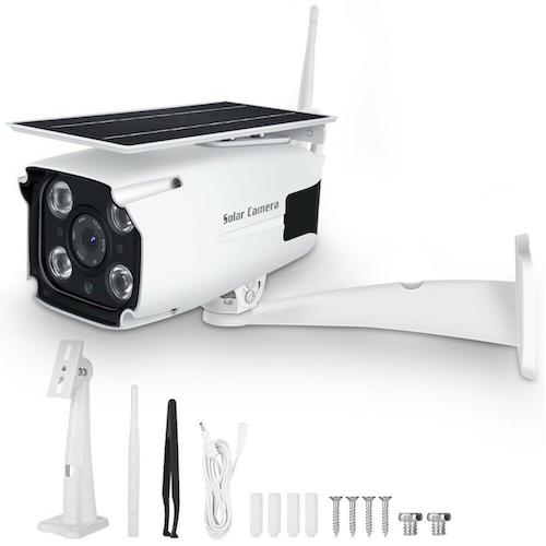 Solar powered WiFi 1080P HD Outdoor Security Camera showing the mounting bracket, antenna and other accessories