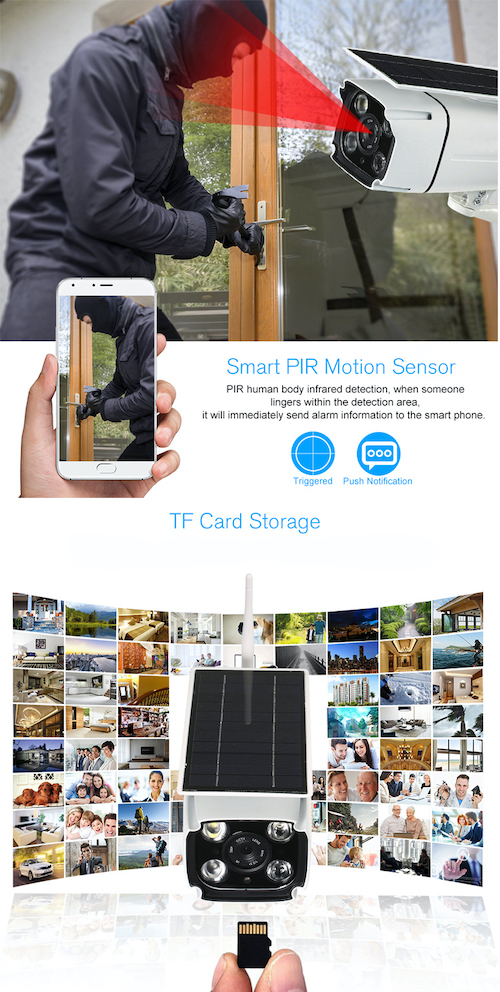WiFi Solar powered 1080P HD Outdoor Security Camera showing a thief attempting to break into a house.
