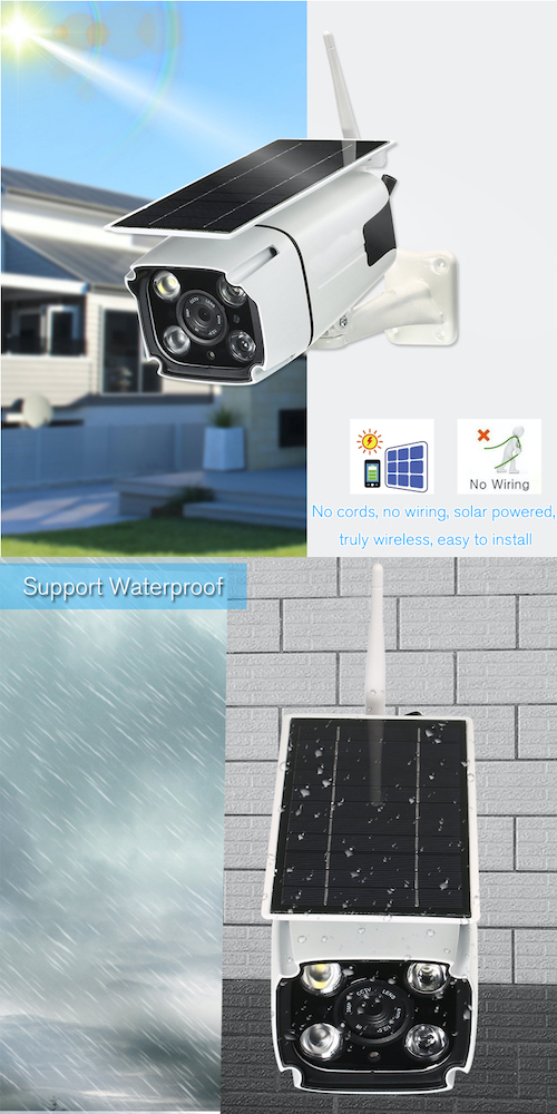 Solar powered WiFi 1080P HD Outdoor Security Camera pictured fixed to a wall.  
