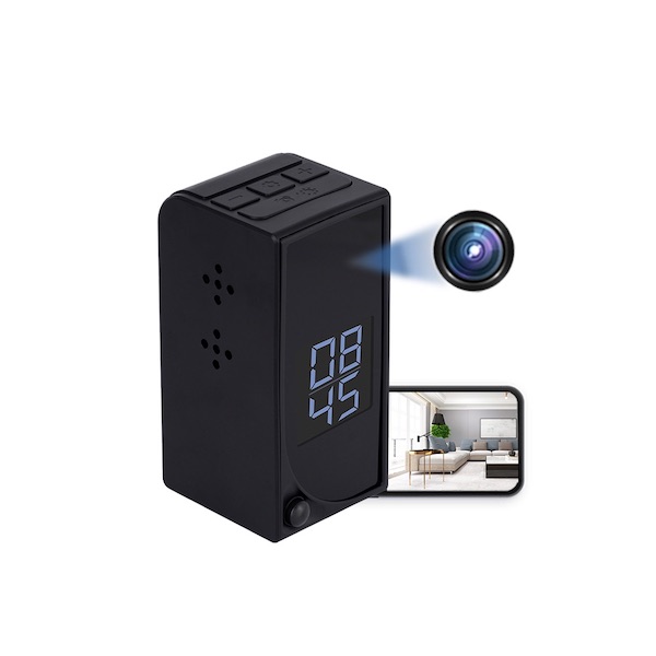 wifi clock pir spy camera depicting a phone live view and the hidden camera lens