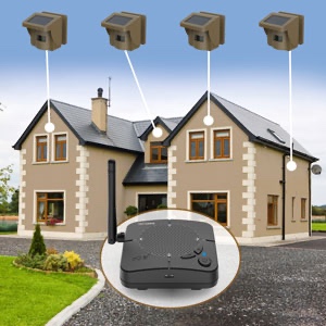 Picture of a house with 4 motion sensors & a base receiver