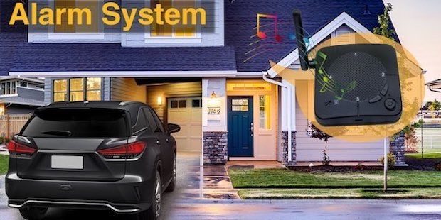 Solar driveway alert kit showing a car entering a garage
