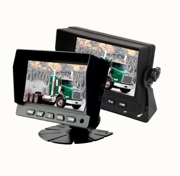 A picture of 2 reversing camera monitors showing the different mounting bracket options. 