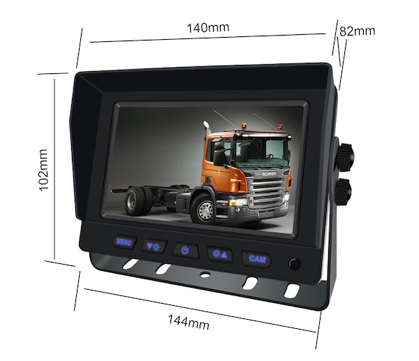 A picture of the 5" colour AHD reversing camera monitor and dimensions. 