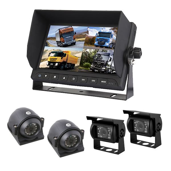 A picture of a 4 camera vehicle reversing kit showing a quad display. 