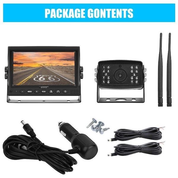 Picture of a 7" wireless vehicle reversing camera & monitor kit including cigarette lighter adapter and DC leads.