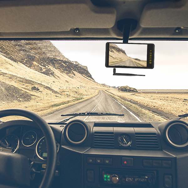 Picture of a 7" colour AHD mirror monitor reversing camera kit inside a car