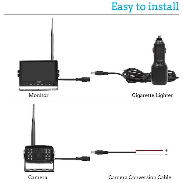 Picture of a 7" wireless vehicle reversing camera & monitor kit including cigarette lighter adapter and camera conversion cable. 