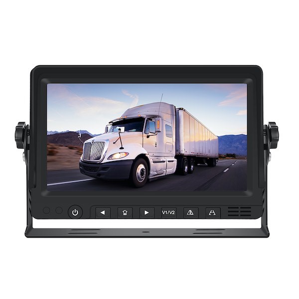 A picture of a 9" vehicle reversing camera kit showing a moving truck