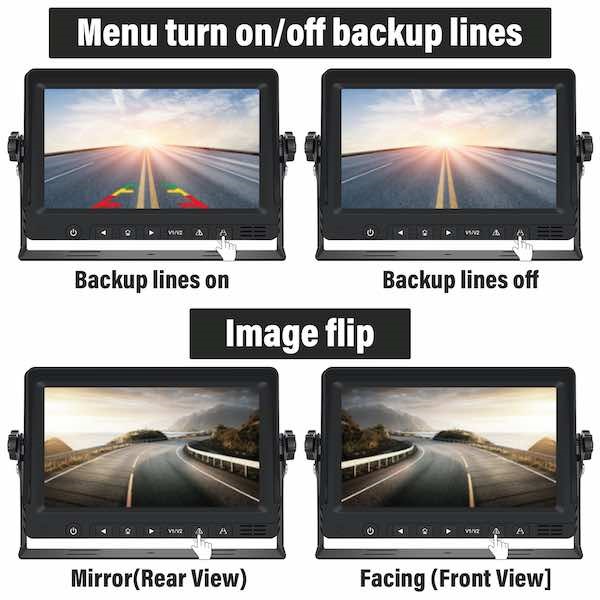 This picture depicts a reversing camera monitor demonstrating backup guidelines and Image flip functions. 
