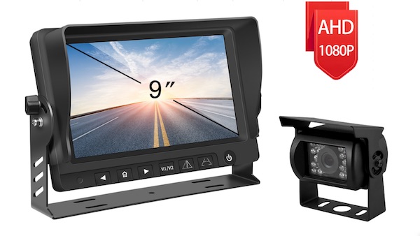 A picture of a 9" AHD colour mobile monitor with camera and DIN cable connection. 