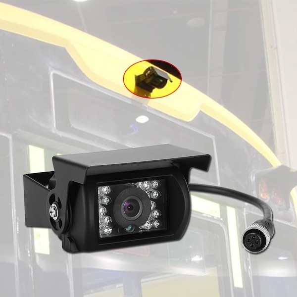 This close up  picture of an AHD vehicle reversing camera attached to the back of a bus.