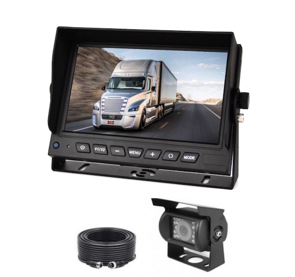 Picture of a 7" colour LCD AHD reversing camera monitor including a cable and camera.