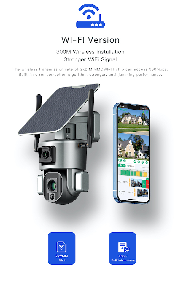 WiFi Solar PTZ AI Security Camera showing the 300m wireless transmission.