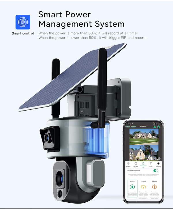 4G Solar PTZ AI Security Camera depicting the smart power management. 