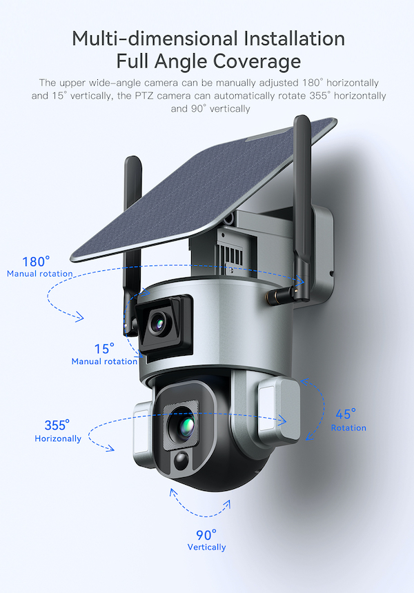 4G Solar PTZ AI Security Camera showing all of the different camera angles it can do. 