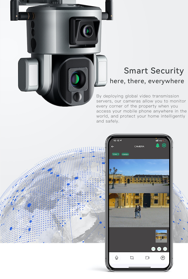 4G Solar PTZ AI Security Camera showing a phone remote picture view.