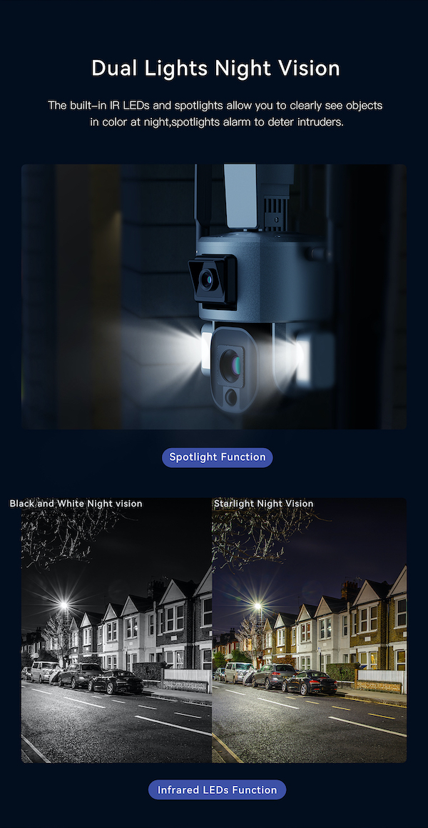 4G Solar PTZ AI Security Camera showing IR and LED night vision. 