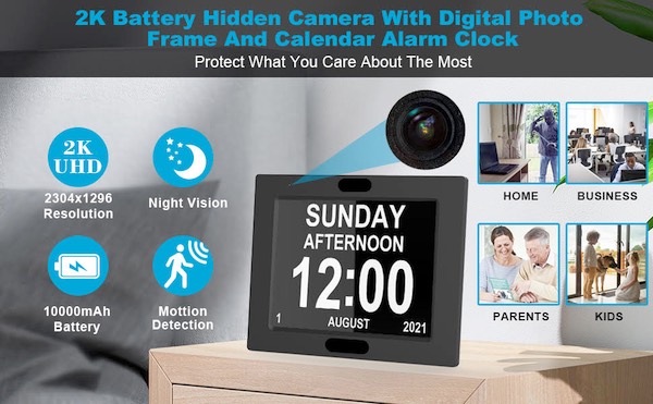Photo frame hidden camera and clock showing the time and calendar functions.