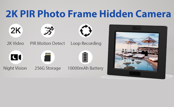 2K PIR Photo frame hidden camera and clock showing various features