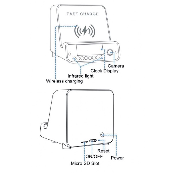 Wireless fast phone charger spy camera specifications and diagram. 